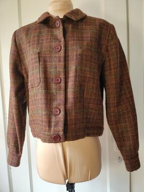 Vtg 100% Wool Autumn Leaves Brown Checked Plaid Tweed Bomber Jacket